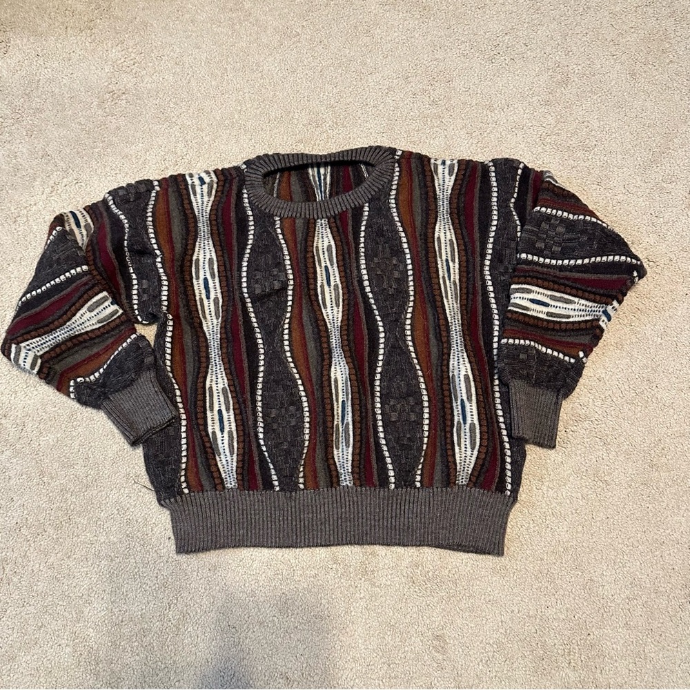 Women’s  Multi-Striped Crewneck Sweater - Gray/Brown VTG Wool Thick 90’s